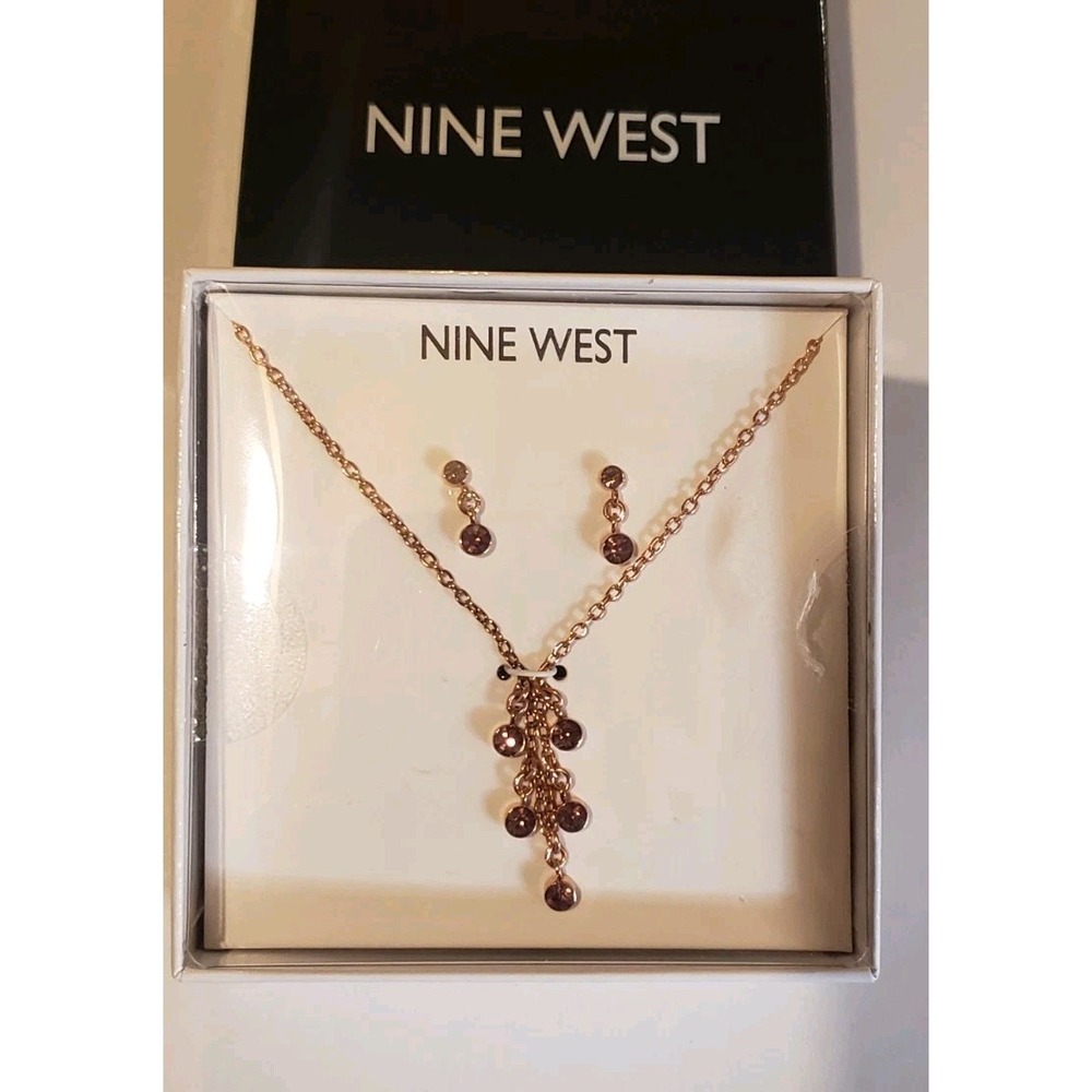 Nine West  Earring And Necklace Set Rose Goldtone With Purple Stones.